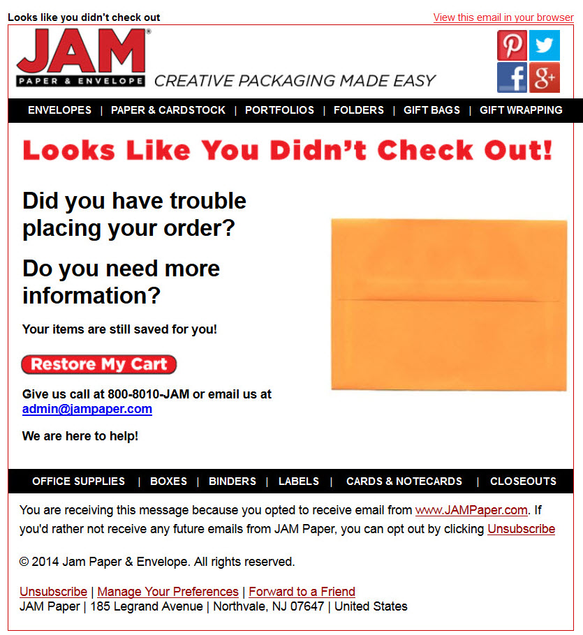 JAM Paper abandoned cart email 1